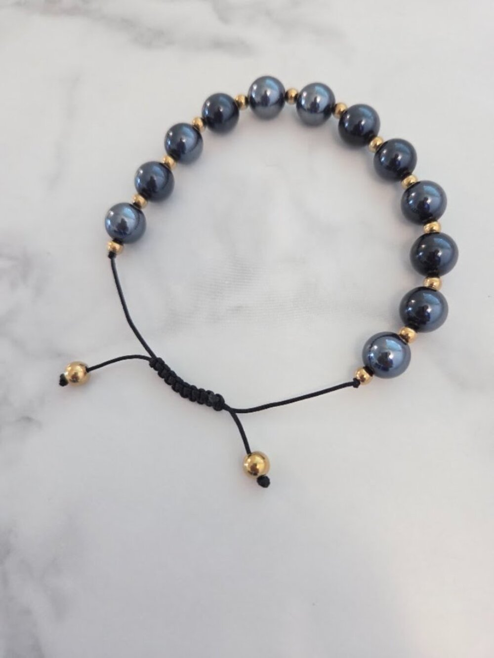 Unisex Dark Metallic Gray Bead Adjustable Macrame Bracelet Gold Accents - Picture 10 of 11